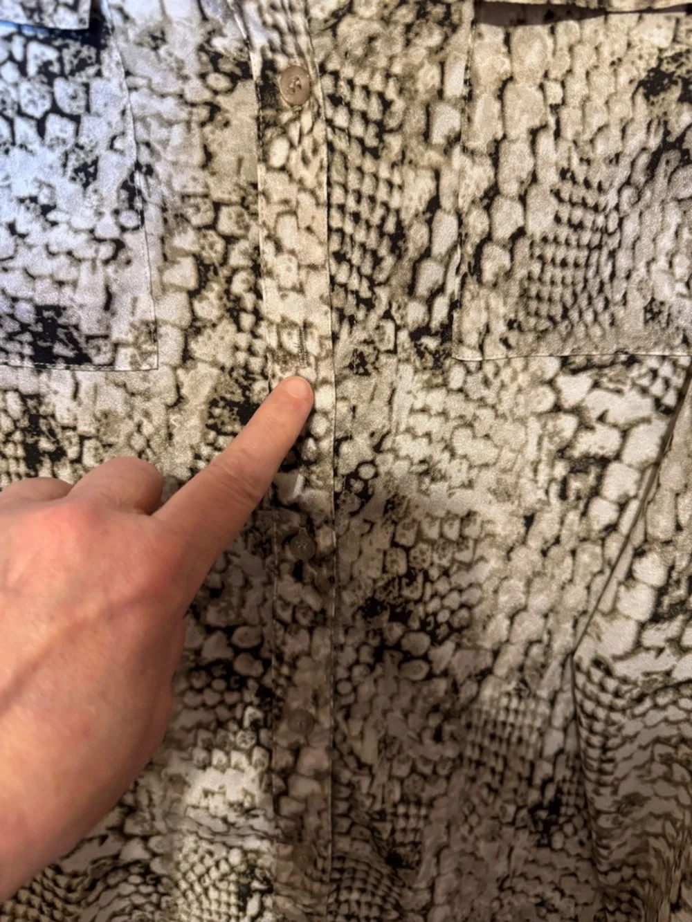 Calvin Klein Beige and Black Snakeskin Print V-Neck Blouse (missing one button) - Picture 3 of 6